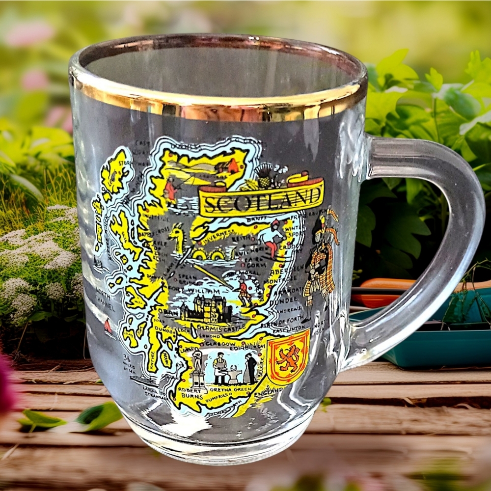 Vtg Scotland Souvenir Glass Mug Cup Gold‎ Trim Transfer Ware Map Highland Arts